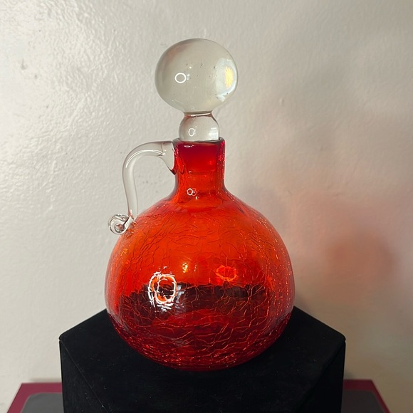 Pilgrim Glass Cadmium Crackle Handblown Vintage Red Cruet with Stopper - Picture 1 of 10